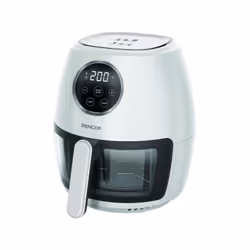 Découvrez la friteuse a air SENCOR SFR 5340WH, avec un bol en borosilicate de 3,5 L et 1300 W. Écran LED tactile, prete en 3 ...