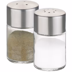 Mini set. Corpo in vetro e dosatori in acciaio, Ø 3,5 cm. altezza 6 cm. Lavabili in lavastoviglie, adatti anche per essere ri ...
