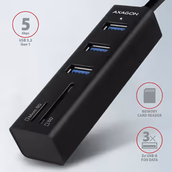 Axagon HMA-CR3A replicatore di porte e docking station per laptop Cablato USB 3.2 Gen 1 (3.1 Gen 1) Type-A Nero