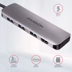 Axagon HMC-HCR3A 3x USB-A+ HDMI+ SD/microSD USB-C 3.2 Gen 1 hub 20cm Cablato USB 3.2 Gen 1 (3.1 Gen 1) Type-A Grigio - Vista aggiuntiva 2