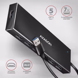 Axagon HUE-F7A 7x USB 3.2 Gen 1 ALU FLAT hub micro power IN 1m USB-A USB 3.2 Gen 1 (3.1 Gen 1) Type-A 5000 Mbit/s Nero