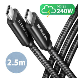 Axagon BUCM2-CM25AB Ladekabel USB-C zu USB-C 2.0, 2,5 m, PD 240 W 5 A, ALU - Schwarz - 2,5 Meter langes USB-C zu USB-C Kabel cavo USB USB 2.0 USB C Nero