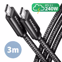 Axagon BUCM2-CM30AB Ladekabel USB-C zu USB-C 2.0, 3 m, PD 240 W 5 A, ALU - Schwarz - 3 Meter langes USB-C zu USB-C Kabel - Da ...
