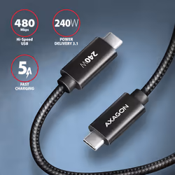 Axagon BUCM2-CM30AB Ladekabel USB-C zu USB-C 2.0, 3 m, PD 240 W 5 A, ALU - Schwarz - 3 Meter langes USB-C zu USB-C Kabel - Daten- und Ladefähig cavo USB USB 2.0 USB C Nero