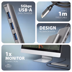Axagon HMC-5H USB-C 3.2 Gen 1 hub 3x USB-A 4K HDMI PD 100W - Silber Cablato USB 3.2 Gen 1 (3.1 Gen 1) Type-C Argento - Vista aggiuntiva 3