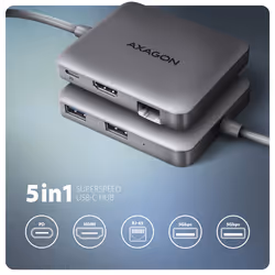 Axagon N HMC-5HL USB 5Gbps hub 2x USB-A HDMI 4k/60Hz RJ-45 GLAN PD 100W kabel USB-C Cablato USB 3.2 Gen 1 (3.1 Gen 1) Type-C Argento - Vista aggiuntiva 2