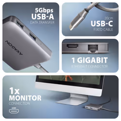 Axagon N HMC-5HL USB 5Gbps hub 2x USB-A HDMI 4k/60Hz RJ-45 GLAN PD 100W kabel USB-C Cablato USB 3.2 Gen 1 (3.1 Gen 1) Type-C Argento - Vista aggiuntiva 3