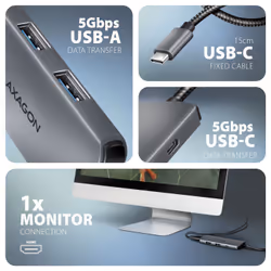 Axagon HMC-5H8K USB 5Gbps hub 2x USB-A USB-C HDMI 8k/30Hz PD 100W kabel USB-C Cablato USB 3.2 Gen 1 (3.1 Gen 1) Type-C Grigio - Vista aggiuntiva 3