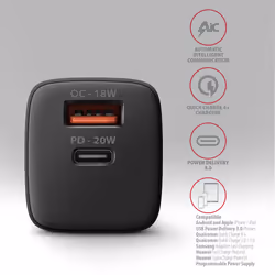 Axagon ACU-PQ20 wall charger QC3.0/AFC/FCP+ PD type-C 20 W - schwarz - USB Typ C Telefono cellulare, Smartphone, Orologio intelligente, Tablet, Universale Nero AC Ricarica rapida Interno - Vista aggiuntiva 4