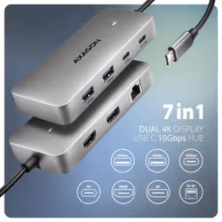 Axagon HUB USB HMC-CUB83X2, USB 10Gbps hub, 2x USB-A, USB-C, HDMI & DP 4k/144Hz, RJ-45 GLAN, PD 100W, kabel USB-C 15cm Cablato USB 3.2 Gen 2 (3.1 Gen 2) Type-C Grigio - Vista aggiuntiva 2