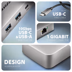 Axagon HUB USB HMC-CUB83X2, USB 10Gbps hub, 2x USB-A, USB-C, HDMI & DP 4k/144Hz, RJ-45 GLAN, PD 100W, kabel USB-C 15cm Cablato USB 3.2 Gen 2 (3.1 Gen 2) Type-C Grigio - Vista aggiuntiva 3