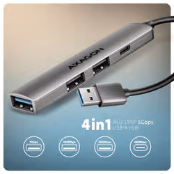 Axagon HUB USB HUE-STA, 4x USB ALU STRIP hub, 1x USB-A 5Gbps, 2x USB-A & 1x USB-C 480Mbps, kabel USB-A 12cm USB 3.2 Gen 1 (3.1 Gen 1) Type-A 5 Mbit/s Grigio - Vista aggiuntiva 2