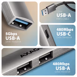 Axagon HUB USB HUE-STA, 4x USB ALU STRIP hub, 1x USB-A 5Gbps, 2x USB-A & 1x USB-C 480Mbps, kabel USB-A 12cm USB 3.2 Gen 1 (3.1 Gen 1) Type-A 5 Mbit/s Grigio - Vista aggiuntiva 3