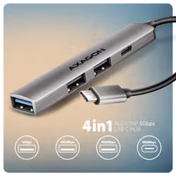 Axagon HUB USB HUE-STC, 4x USB ALU STRIP hub, 1x USB-A 5Gbps, 2x USB-A & 1x USB-C 480Mbps, kabel USB-C 12cm USB 3.2 Gen 1 (3.1 Gen 1) Type-C 5 Mbit/s Grigio - Vista aggiuntiva 2