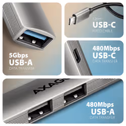Axagon HUB USB HUE-STC, 4x USB ALU STRIP hub, 1x USB-A 5Gbps, 2x USB-A & 1x USB-C 480Mbps, kabel USB-C 12cm USB 3.2 Gen 1 (3.1 Gen 1) Type-C 5 Mbit/s Grigio - Vista aggiuntiva 3