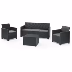 Dimensioni Esterne Sedia: 65 x 63 x 74 cm Divano: 163 x 65 x 74 cm Tavolo: 60 x 55 x 39 cm Set composto da: 2 Poltrone, 1 Tav ...