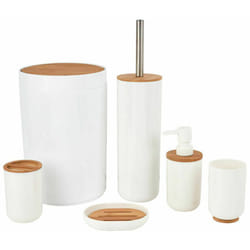 Alpina - Set da Bagno in Legno Bamboo e Plastica Bianco e Naturale 6pz con Portascopino