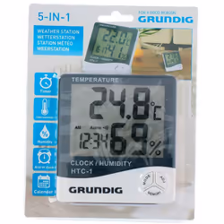 stazione meteo grundig include: allarme, termometro, umidità e calendario. funziona con una batteria aaa non inclusa.