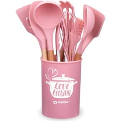 Alpina - Set Utensili da Cucina Rosa e Supporto 12 Pezzi Utensili Silicone Manico Legno