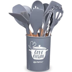Alpina - Set Utensili da Cucina Grigio e Supporto 12 Pezzi Utensili Silicone Manico Legno