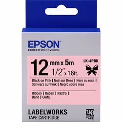 Epson Nastro satinato per etichettatrici LK-4PBK nero/rosa 12 mm (5 m), Nero su rosa, Giappone, Satinata, Epson, LabelWorks L ...