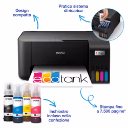 Epson EcoTank ET-2811 stampante multifunzione inkjet 3-in-1 A4, serbatoi ricaricabili alta capacità, 4 flaconi inclusi pari a 3600pag B/N 6500pag colore, Wi-FI Direct, USB