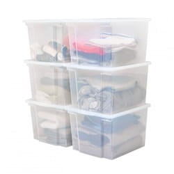 Scatole portaoggetti in plastica con coperchio da 30 l, Lotto di 6 grandi scatole impilabili, Senza bpa, Lavanderia, Ufficio, usb-m, Trasparente