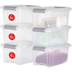 Iris Ohyama - Scatole Portaoggetti in Plastica con Coperchio, 5L, Lotto di 6, Argento, Clip di Bloccaggio, Empilabile, Maniglia, Per Camera, Armadio,