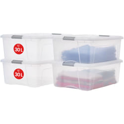 Iris Ohyama - Scatole Portaoggetti in Plastica con Coperchio, 30L, Lotto di 4, Argento, Clip di Bloccaggio, Empilabile, Maniglia, Per Camera,
