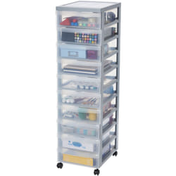 Iris Ohyama - Torre portaoggetti in plastica, 10 scatole portaoggetti per ufficio da 7L, maniglia integrata, 4 ruote rimovibili, DC-010, Grigio - L29