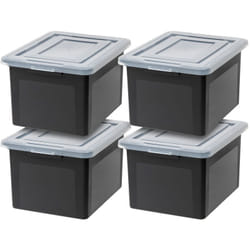 Iris Ohyama, Scatole di Stoccaggio in Plastica con Coperchi a Scatto, 45L, Lotto di 4, Nero, Impilabile, Resistente, per Forniture d'ufficio,