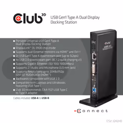 CLUB3D USB Gen1 Type A Dual Display Docking Station - Vista aggiuntiva 7