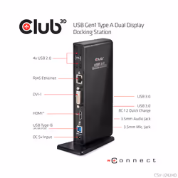 CLUB3D USB Gen1 Type A Dual Display Docking Station - Vista aggiuntiva 8