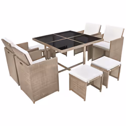vidaXL Set da Pranzo da Giardino 9 pz con Cuscini in Polyrattan Beige - Vista aggiuntiva 2