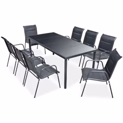 Questo set di mobili da pranzo per esterni contiene 1 tavolo con ripiano in vetro ed 8 sedie in textilene. Con un design eleg ...