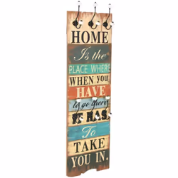 L' appendiabiti da parete, dotato di 6 ganci, presenta una frase stampata in stile vintage "Home is the place where when you  ...