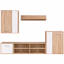 Questo set di mobili TV 5 Pezzi dà vita ai soggiorni moderni con la sua elegante combinazione di finiture bianche e quercia d ...