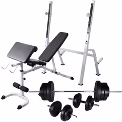 Questa robusta panca multifunzione da palestra, con bilanciere e set di manubri inclusi, è perfetta per essere utilizzata nel ...