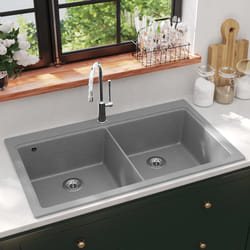 vidaXL Lavandino cucina granito grigio lavello doppio con montaggio sopra