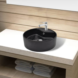 vidaXL Lavandino bagno in Ceramica nera rotondo con Foro di trabocco