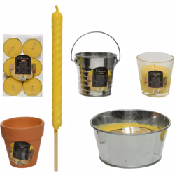 Set citronella 144 pezzi assortiti. comprende: 48xbox di 6 candele piccole, 12xcandele in vaso di terracotta ø8x7,5cm, 12xcan ...