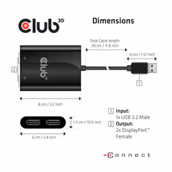 CLUB3D USB3.2 Gen1 Type A to DisplayPort™1.2 Dual Monitor 4K60Hz Video Splitter - Vista aggiuntiva 4