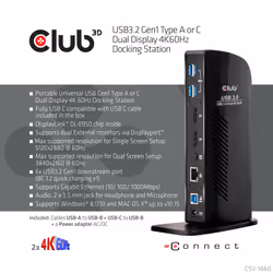 CLUB3D USB3.2 Gen1 Type A or C Dual Display 4K60Hz Docking Station DisplayLink® Certified - Vista aggiuntiva 8