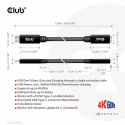 CLUB3D CAC-1529 cavo USB USB 3.2 Gen 1 (3.1 Gen 1) 2 m USB C Nero - Vista aggiuntiva 4
