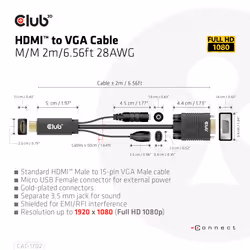 CLUB3D CAC-1712 cavo e adattatore video 2 m VGA (D-Sub) + 3.5mm HDMI + Micro-USB Nero - Vista aggiuntiva 5