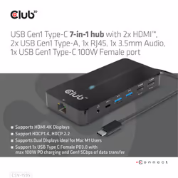 CLUB3D CSV-1595 replicatore di porte e docking station per laptop USB 3.2 Gen 1 (3.1 Gen 1) Type-C Nero - Vista aggiuntiva 4