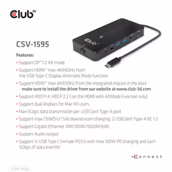 CLUB3D CSV-1595 replicatore di porte e docking station per laptop USB 3.2 Gen 1 (3.1 Gen 1) Type-C Nero - Vista aggiuntiva 8