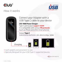 CLUB3D CAC-1908 Caricabatterie per dispositivi mobili Comandi di gaming, Computer portatile, Telefono cellulare, Computer portatile, Console portatile, Smartphone Nero USB Interno - Vista aggiuntiva 5