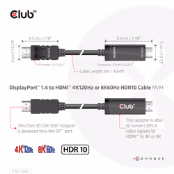 CLUB3D CAC-1087 cavo e adattatore video 3 m DisplayPort HDMI Nero - Vista aggiuntiva 4
