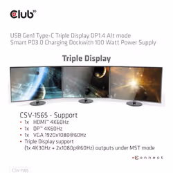 CLUB3D USB Gen1 Type-C Triple Display DP1.4 Alt mode Smart PD3.0 Charging Dock with 100 Watt Power Supply